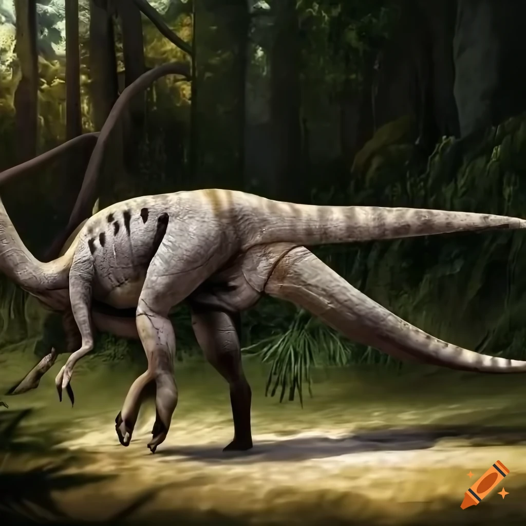 Hadrosaurus dinosaur with african civet spotter pattern in warm morning light
