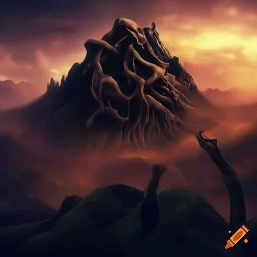 Surreal mountain of bones with bright background in a fantasy setting