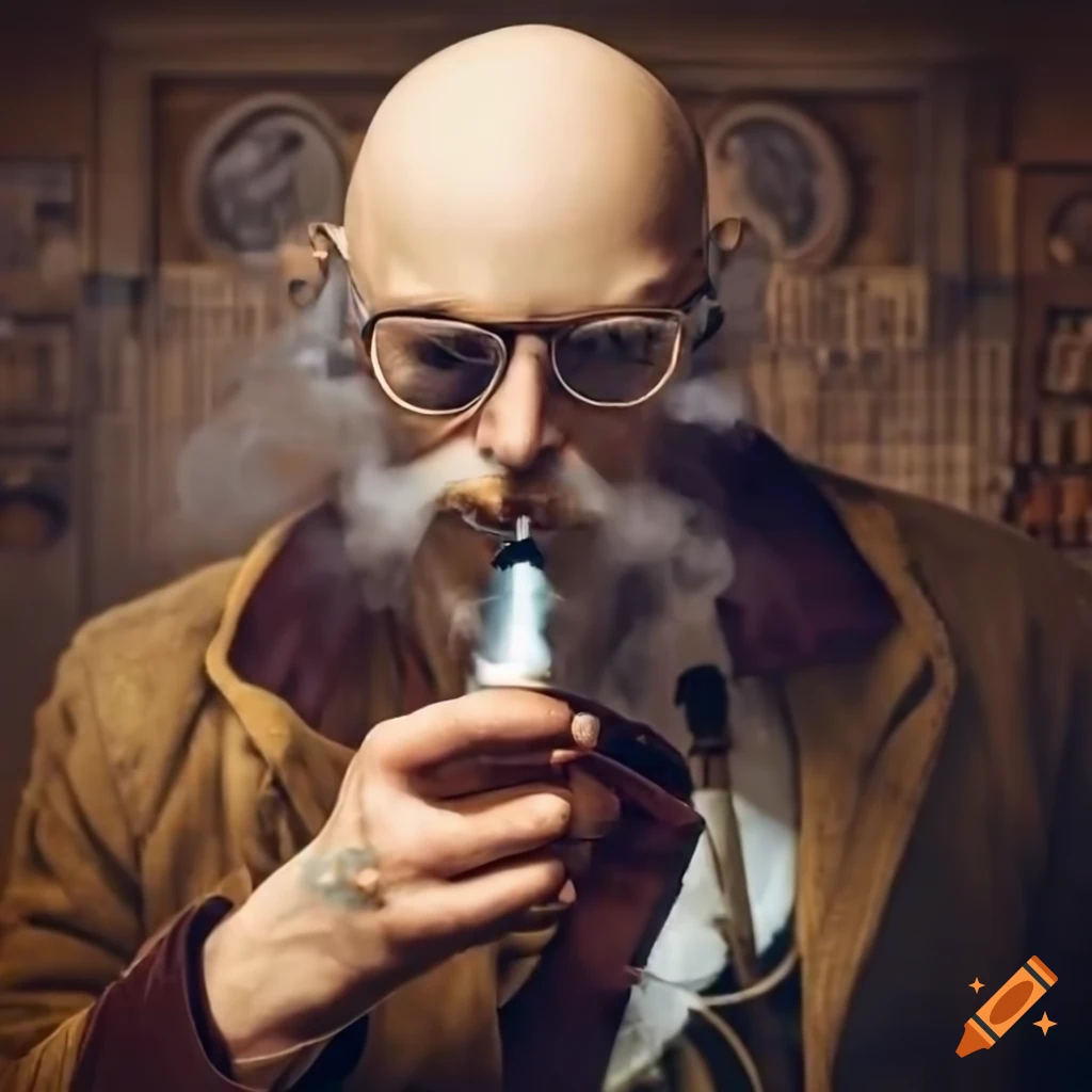 Steampunk bald man vaping in an apothecary shop