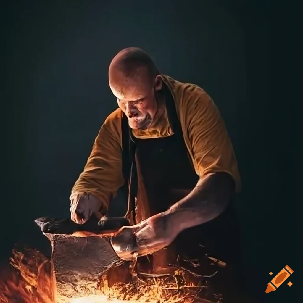 Blacksmith at work with hammer on anvil producing sparks