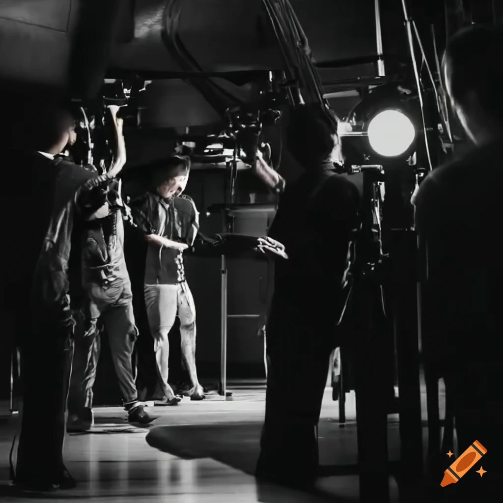 Film crew shooting a movie inside a public washroom