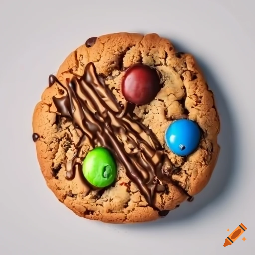M&m cookie with chocolate drizzle on a white background