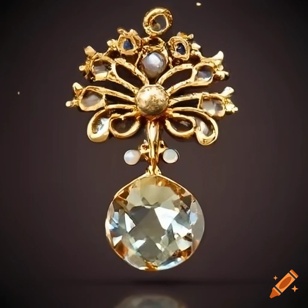 Antique golden jewelry design with crystal drop, floral and curly elements