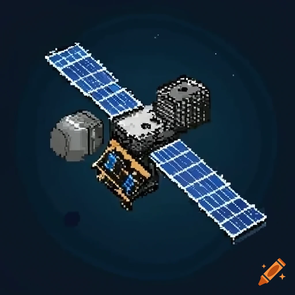 Futuristic satellite design with solar panels in sleek 2d pixel art on ...