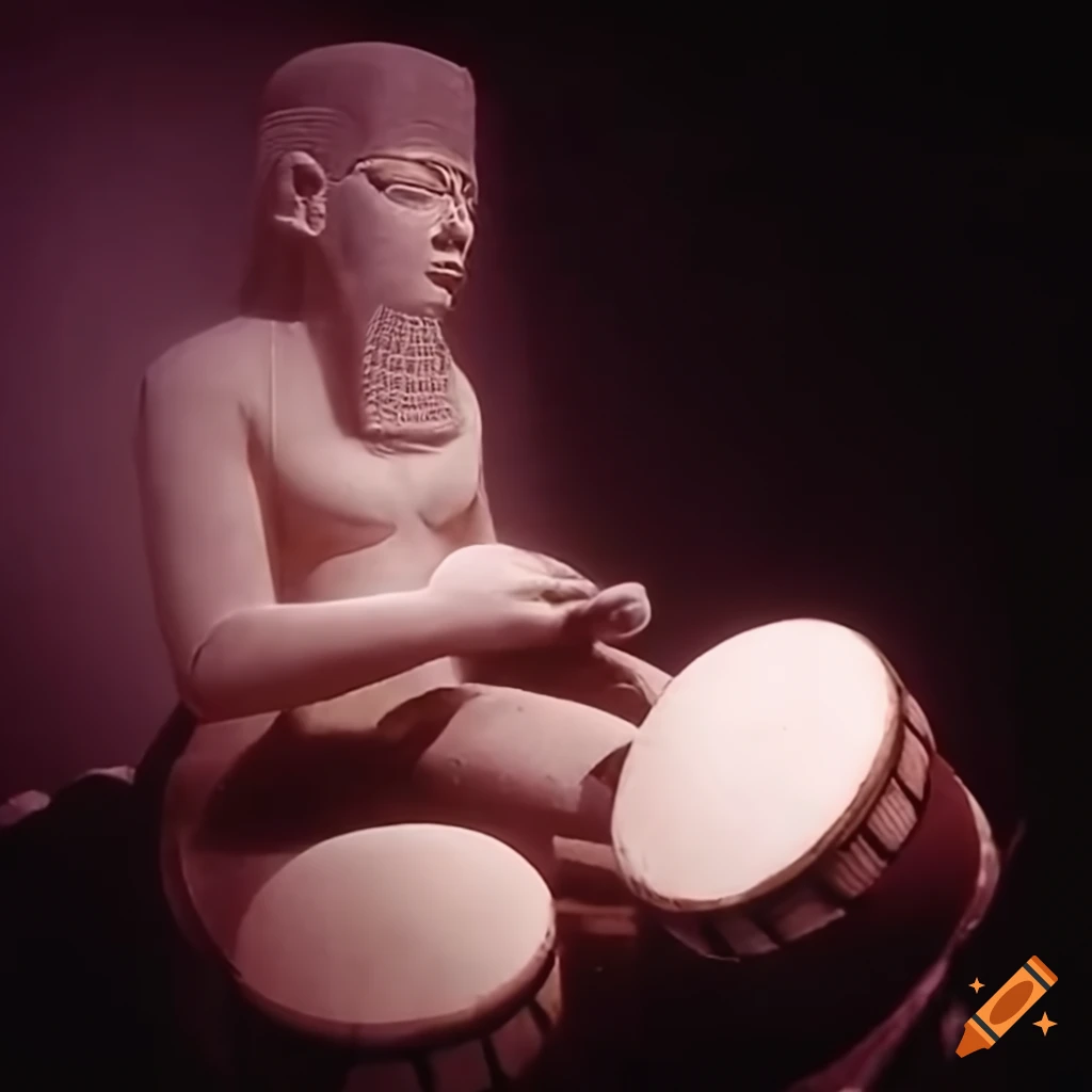 1970's documentary footage of ancient Egyptian tomb wall with hieroglyphs depicting statues playing music