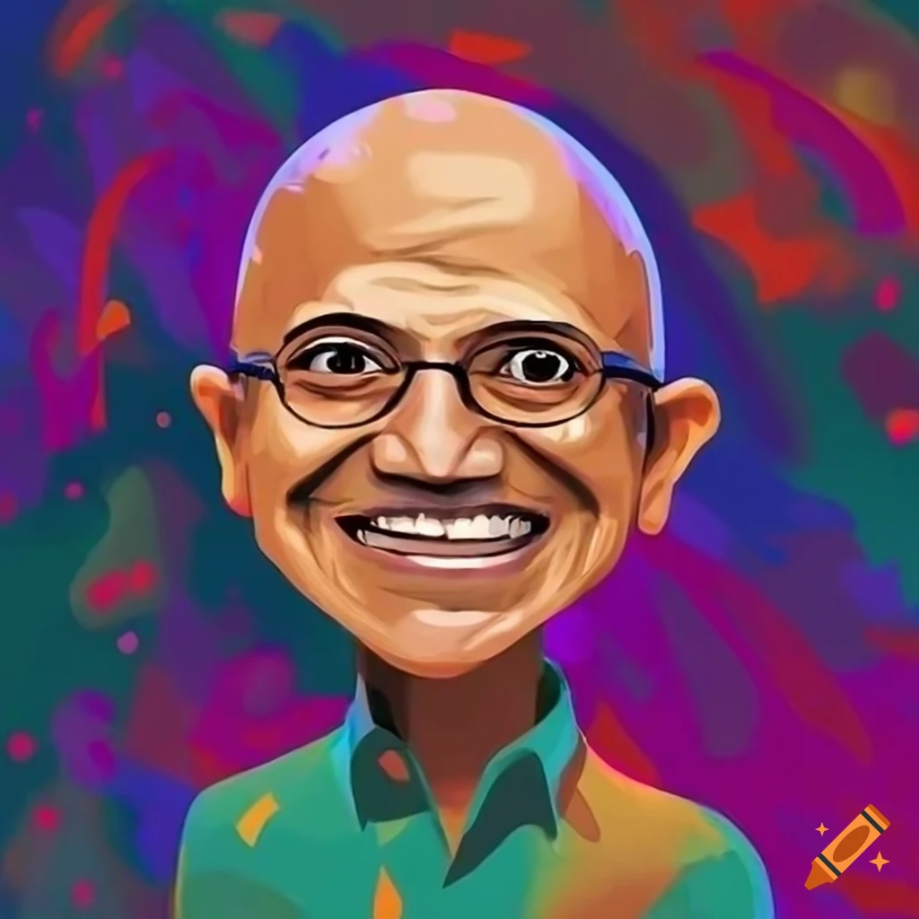 Satya Nadella's cartoon character in a vivid Marvel comic backdrop