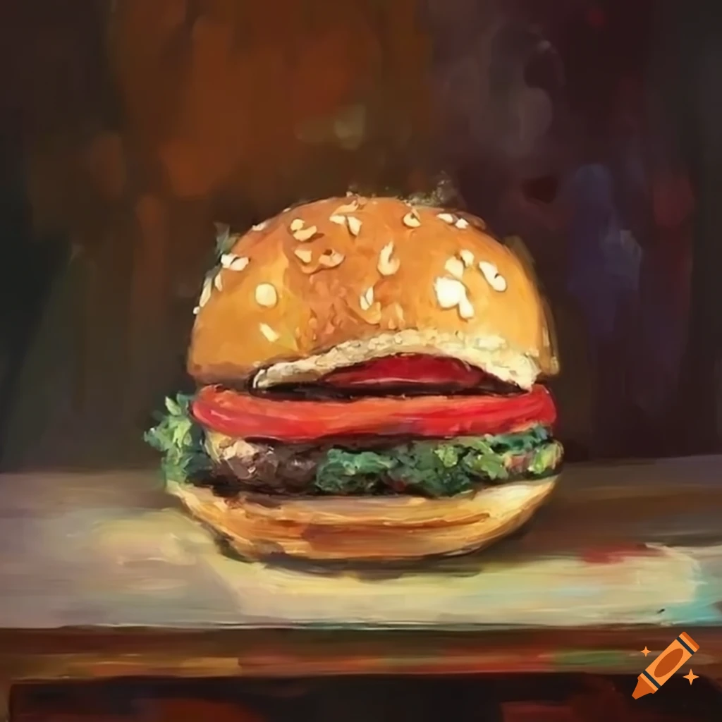 Delicious burger on a table in an impressionist style