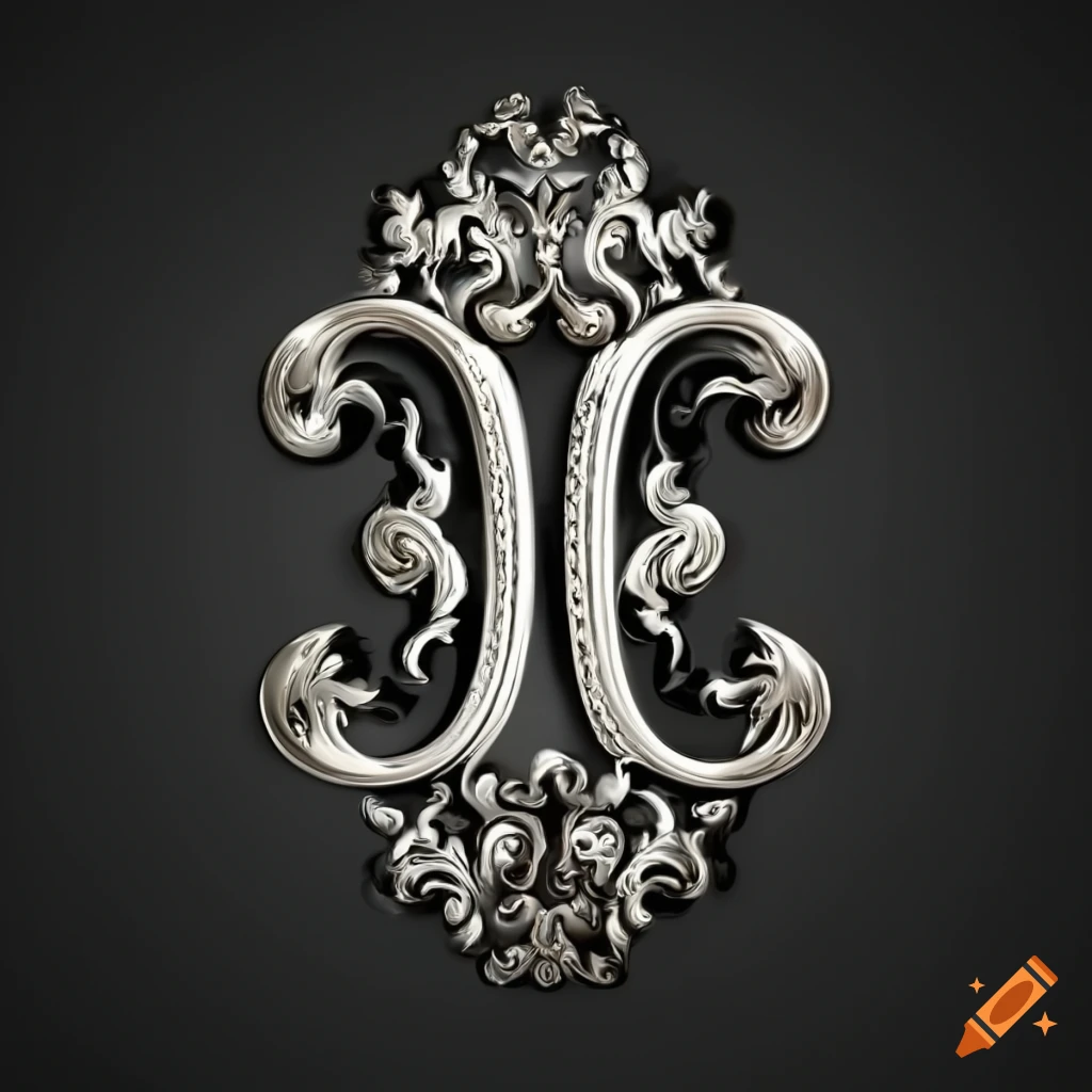 Monogram M and D in silver baroque style on black background in 3D