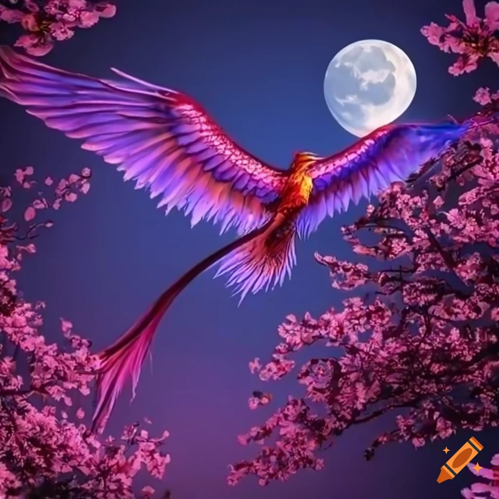 Purple phoenix and red dragon flying under moonlight above blossom forest