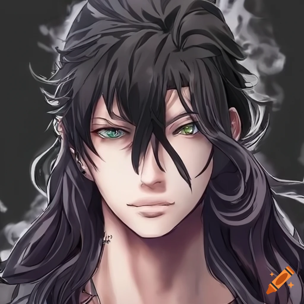 Fascinating anime man with long black hair and eyepatch on Craiyon