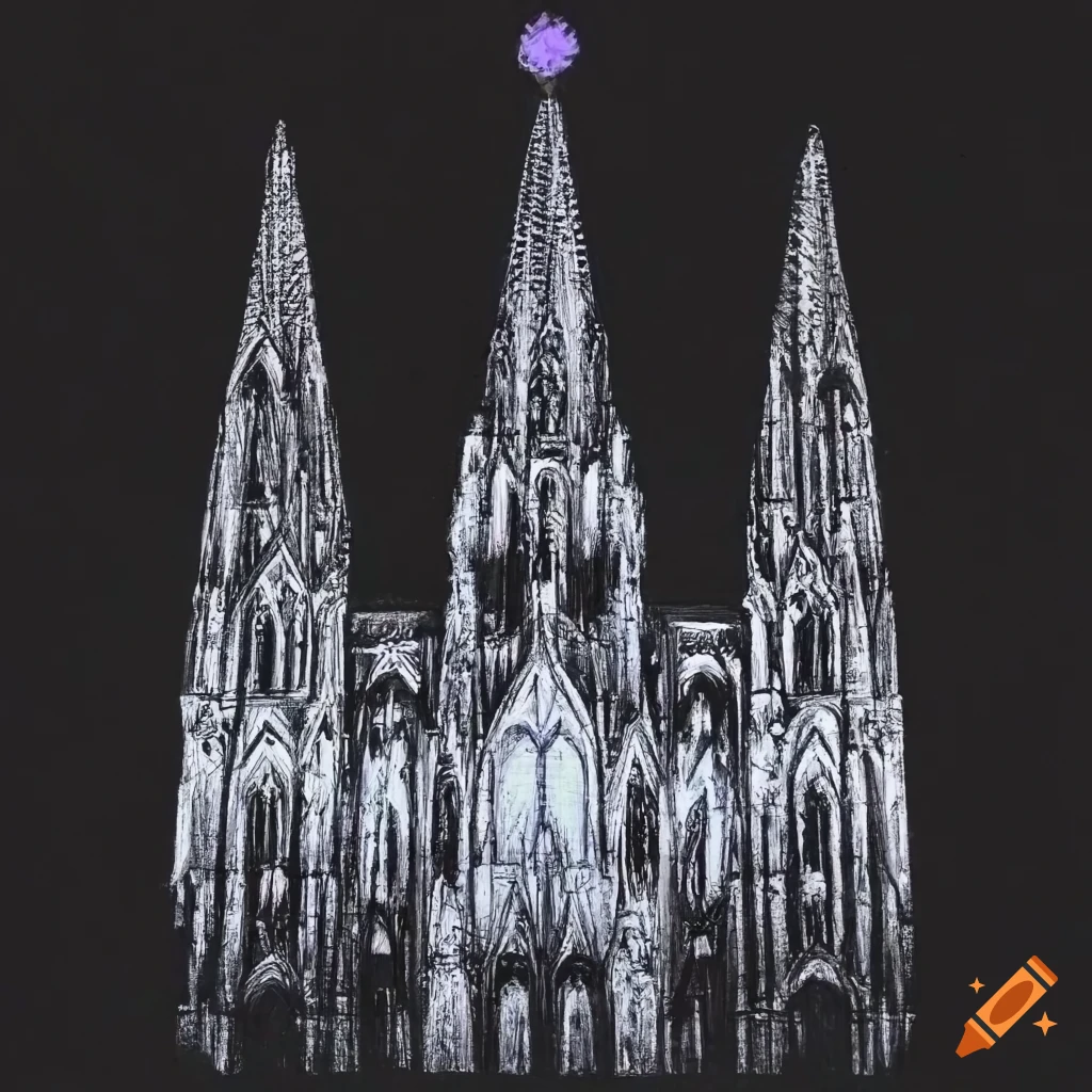 Chalk drawing of Cologne Cathedral in art brut style on black background