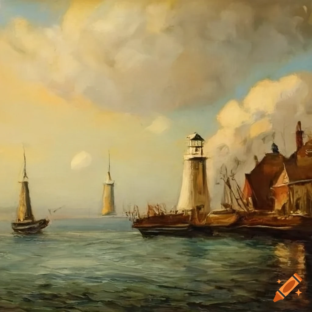 1900s oil painting of a port city with smoke stacks and a lighthouse