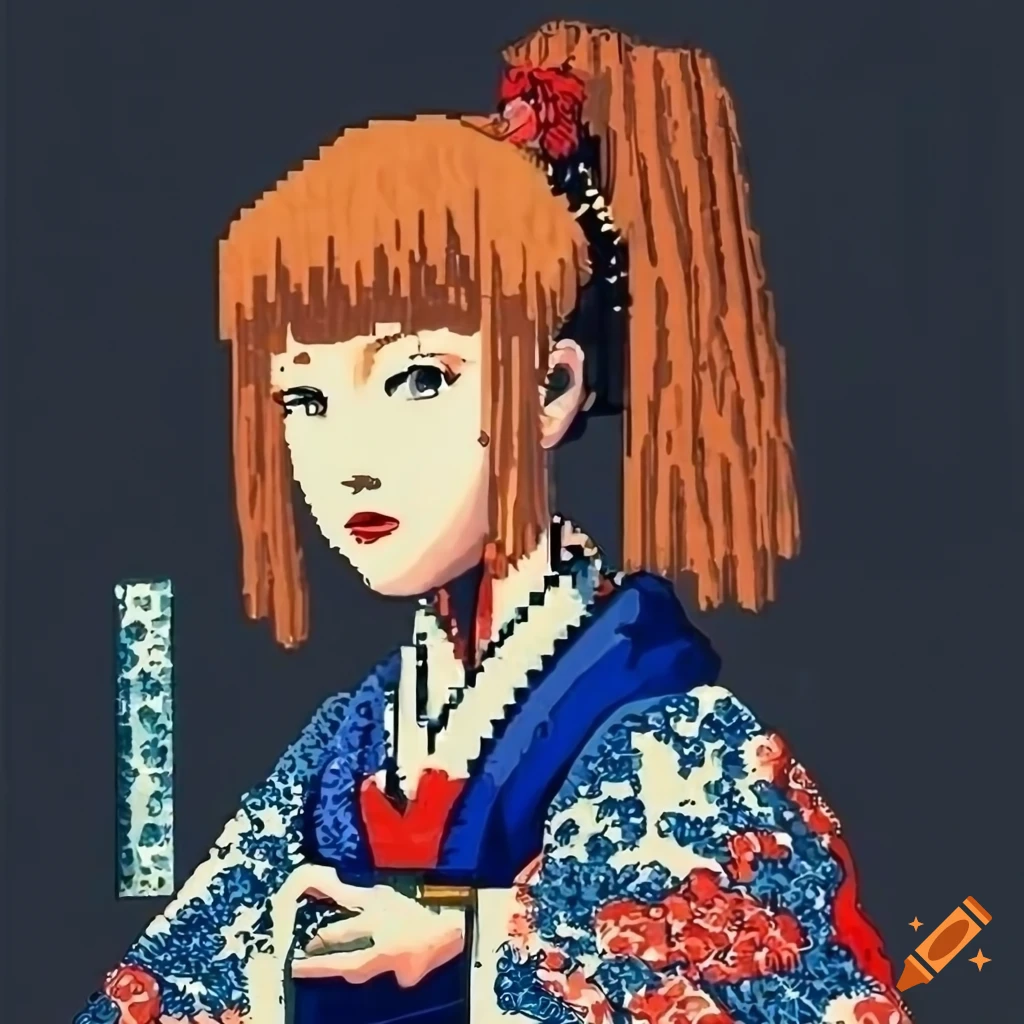 Hokusai ukiyo-e style featuring Asuka Langley in elegant kabuki makeup and kimono