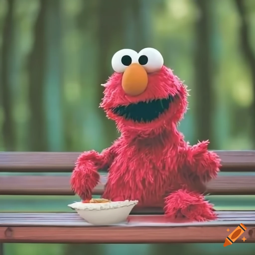 Elmo enjoying noodles on a playground bench with trees in the background