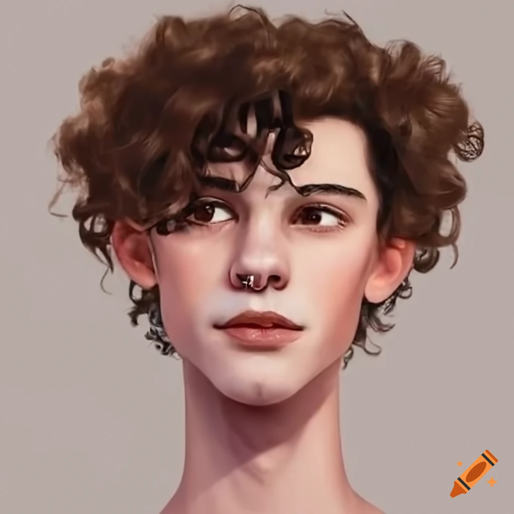 Portrait of a young male character with dark brown eyes and brown curly ...
