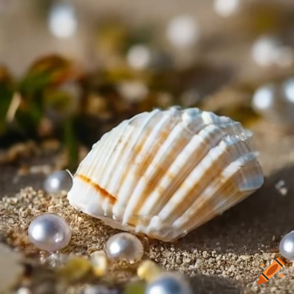 Seashell covered with plants on white sand surrounded by pearls