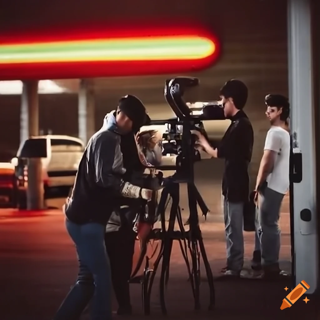Film crew outside a gas station