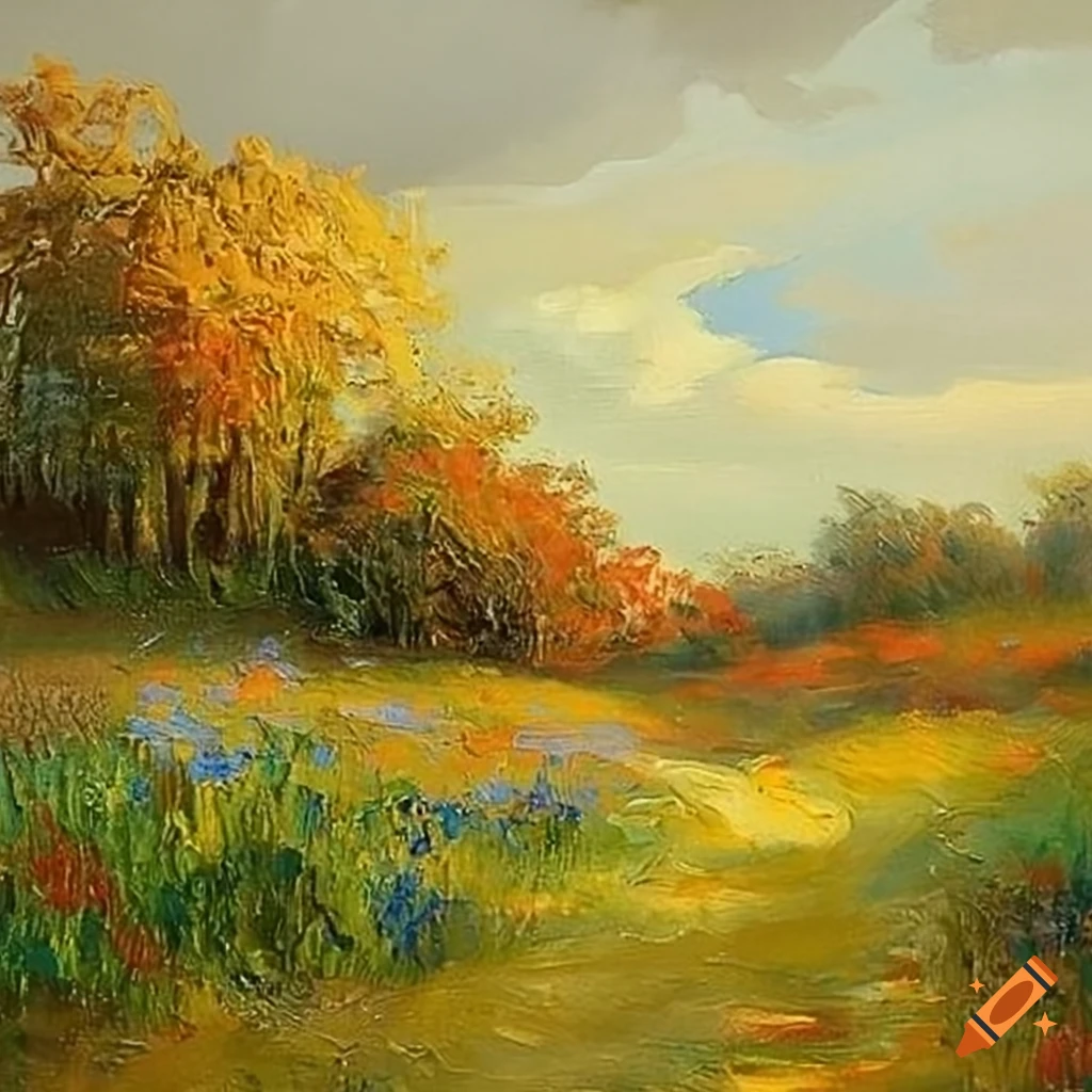 Wildflowers meadows landscape in a vintage oil painting style on Craiyon
