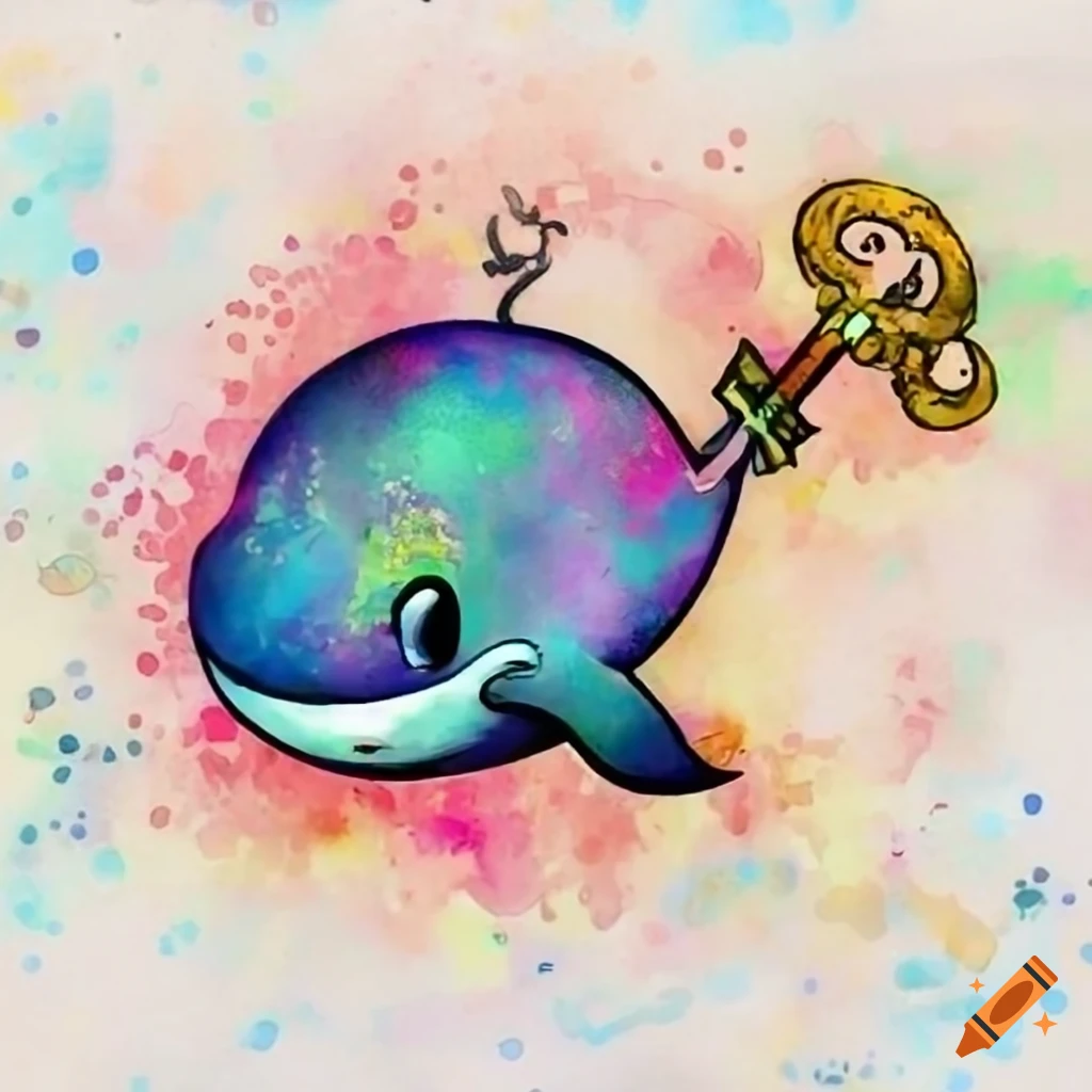 Cartoon whale with a key and number 36 tattoo
