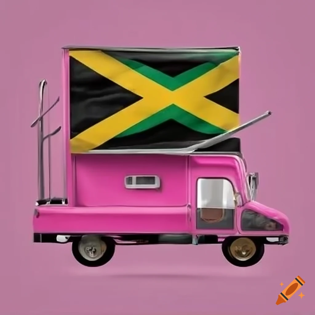 Pink food truck with a Jamaican flag