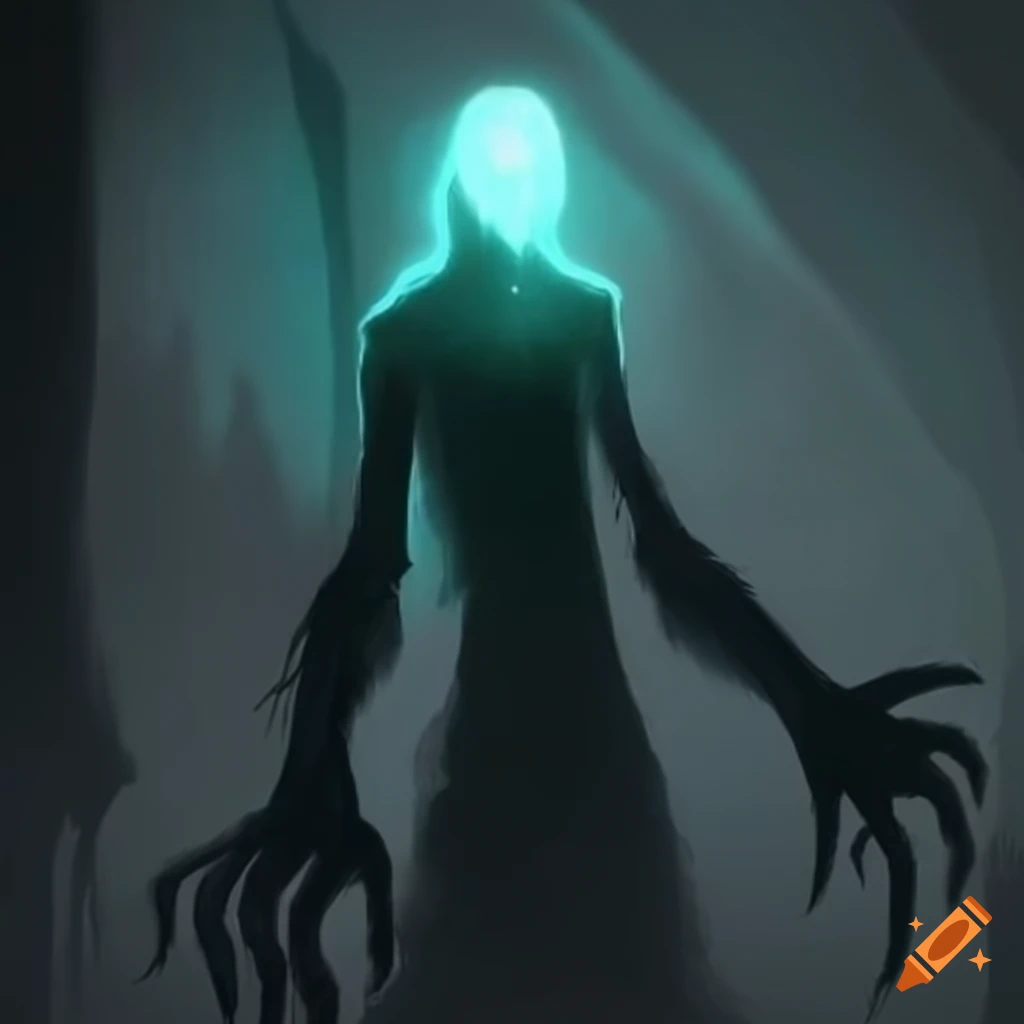 Unknown shadow creature with white glowing eyes in a mysterious artwork