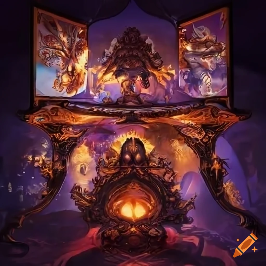 Vibrant and intricate tabletop setup for fantasy card game
