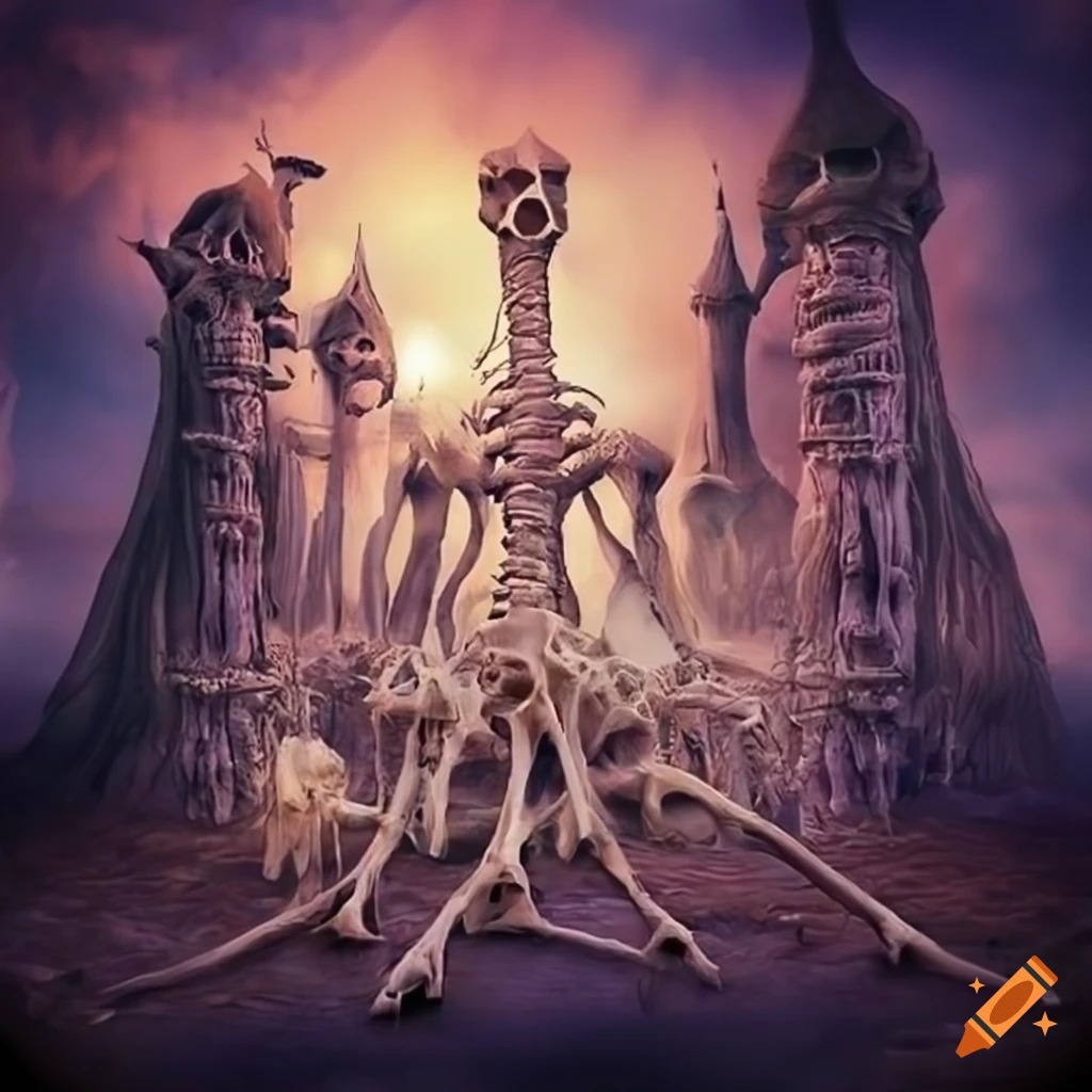 Surreal bone castle with bone trees and flowers on a bright background