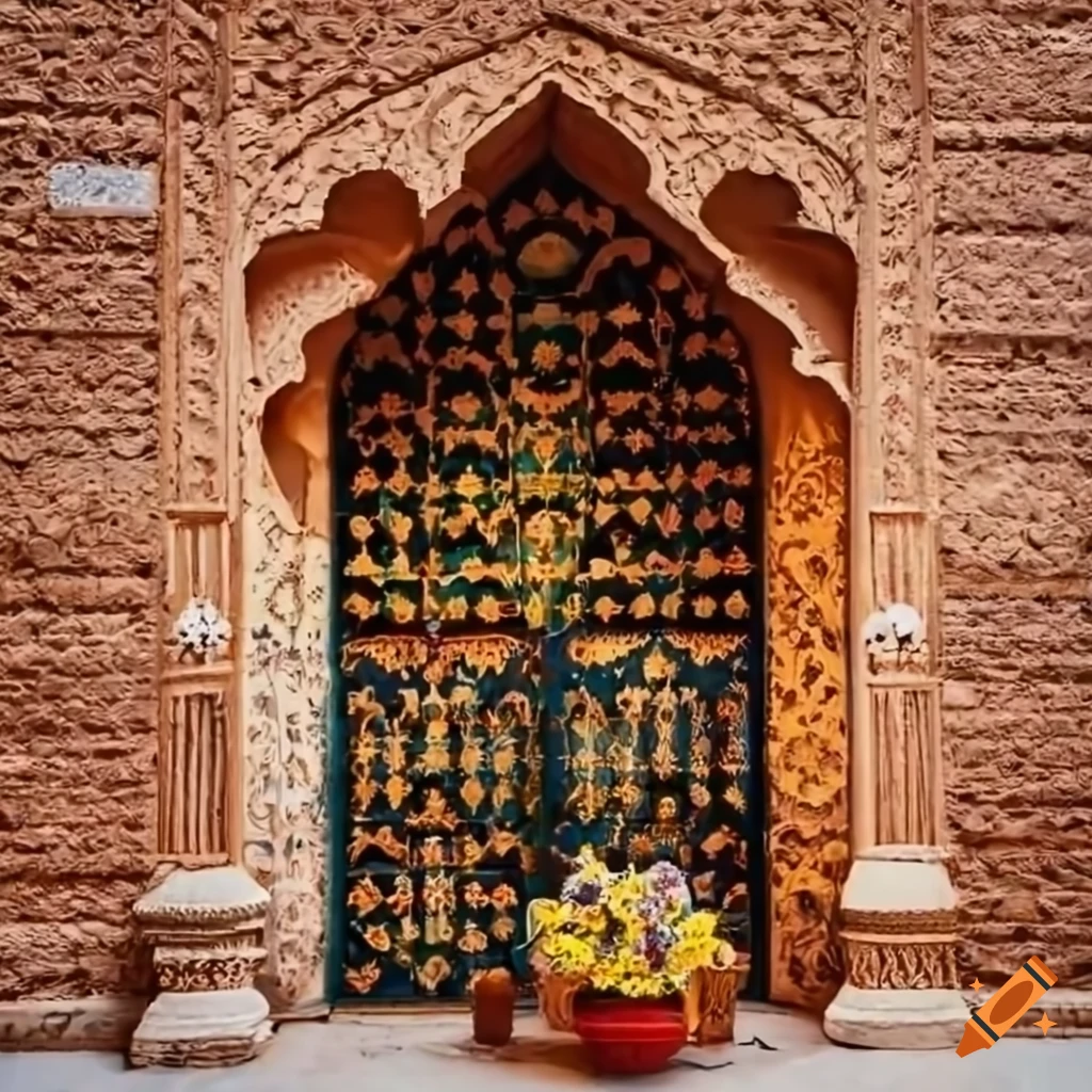 Iranian handicraft shop with traditional architecture and spring flowers