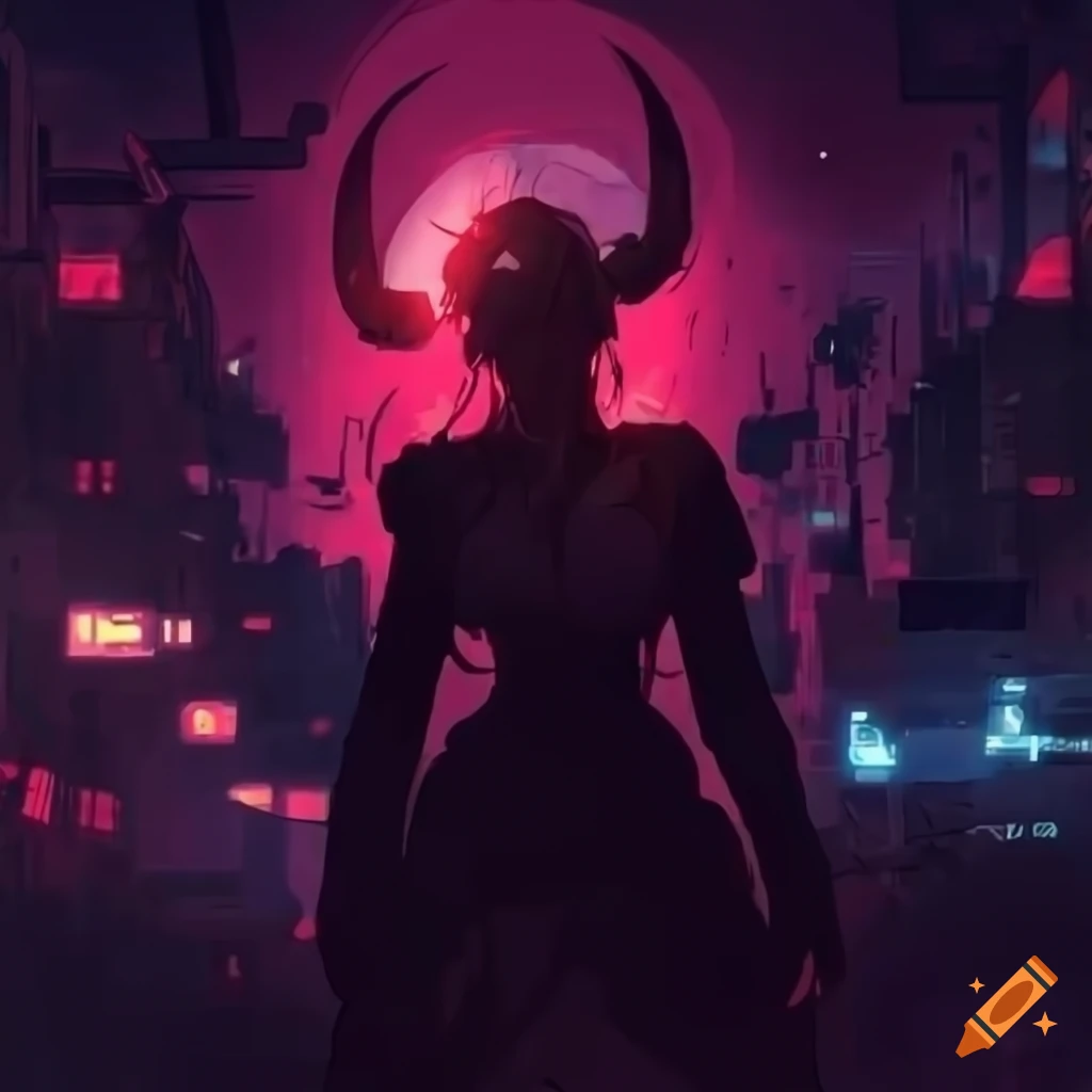 Cyberpunk apocalypse anime scene with horned woman and army of machines