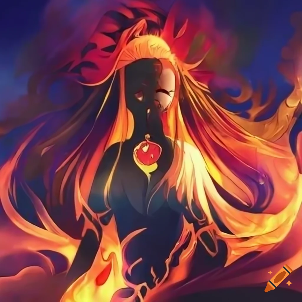 Anime portrait of black goddess with phoenix flames