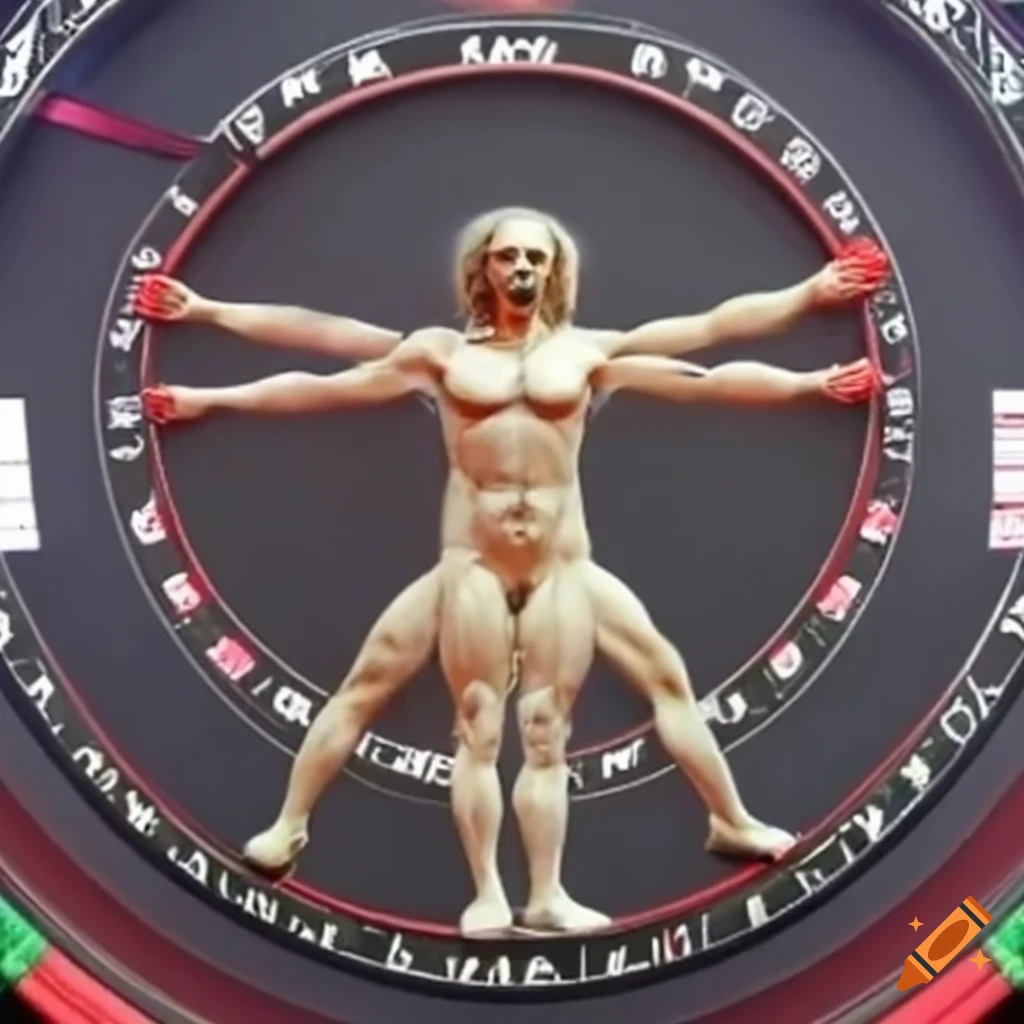 Vitruvian Man scoring 180 at a darts championship