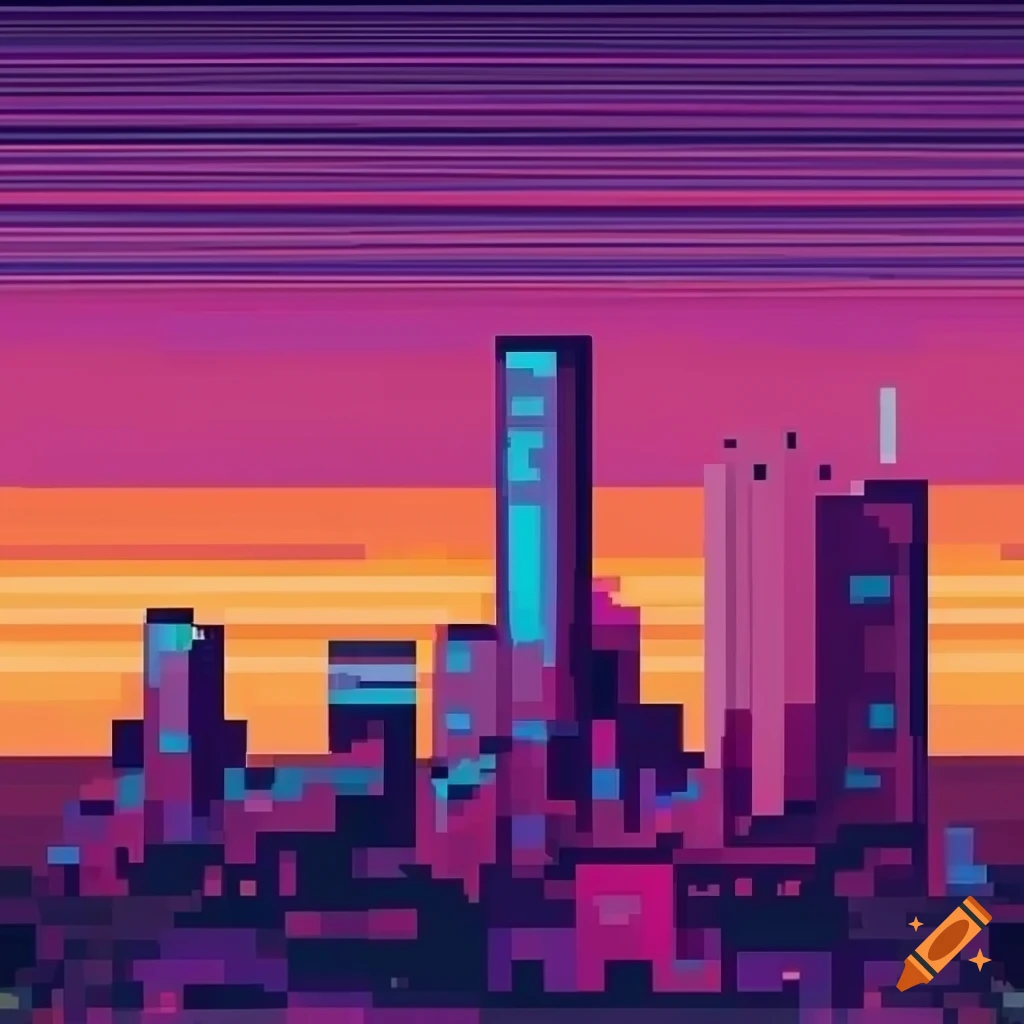 Vaporwave style city at sunset in pixel art on Craiyon