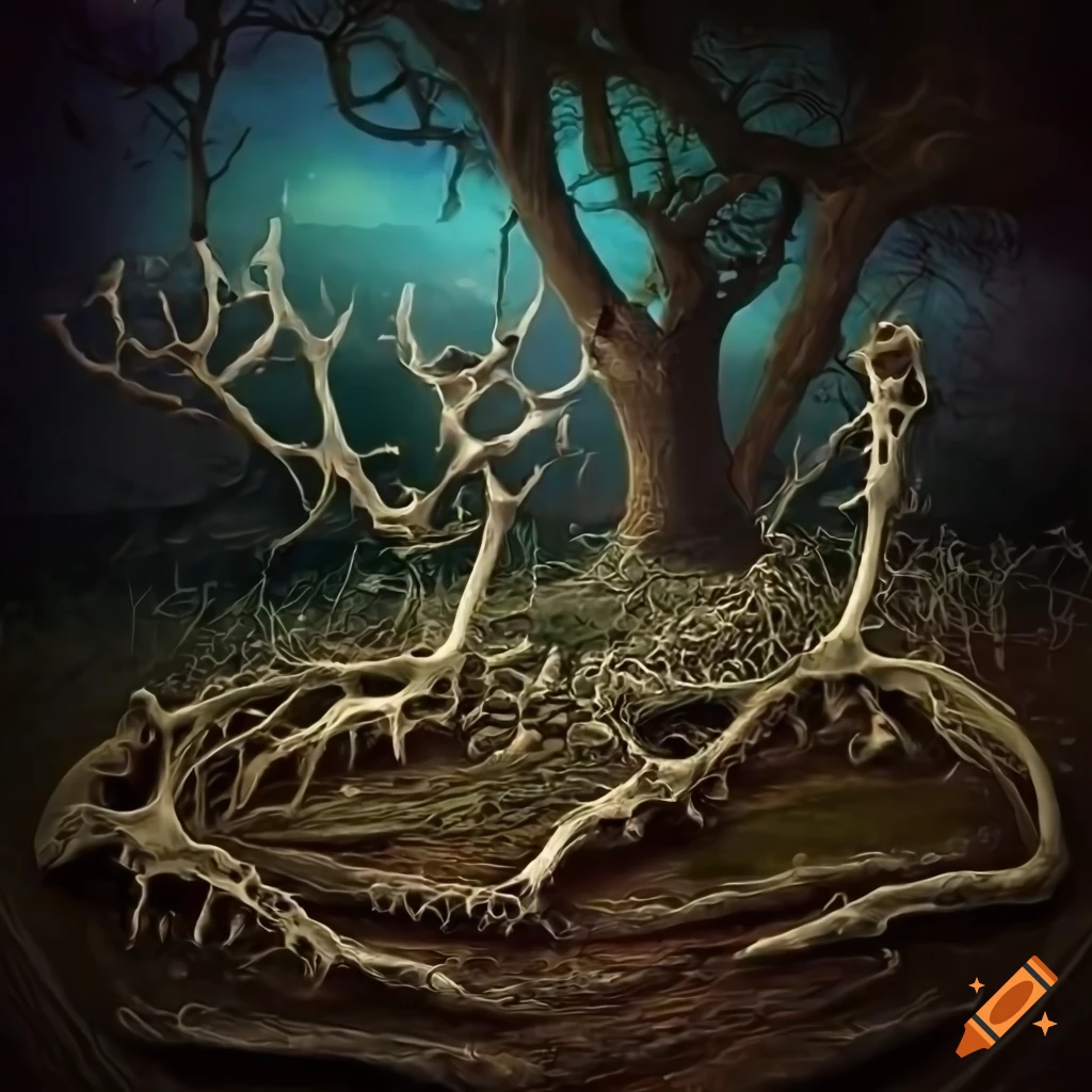 Surreal fantasy land made of bones with bright background