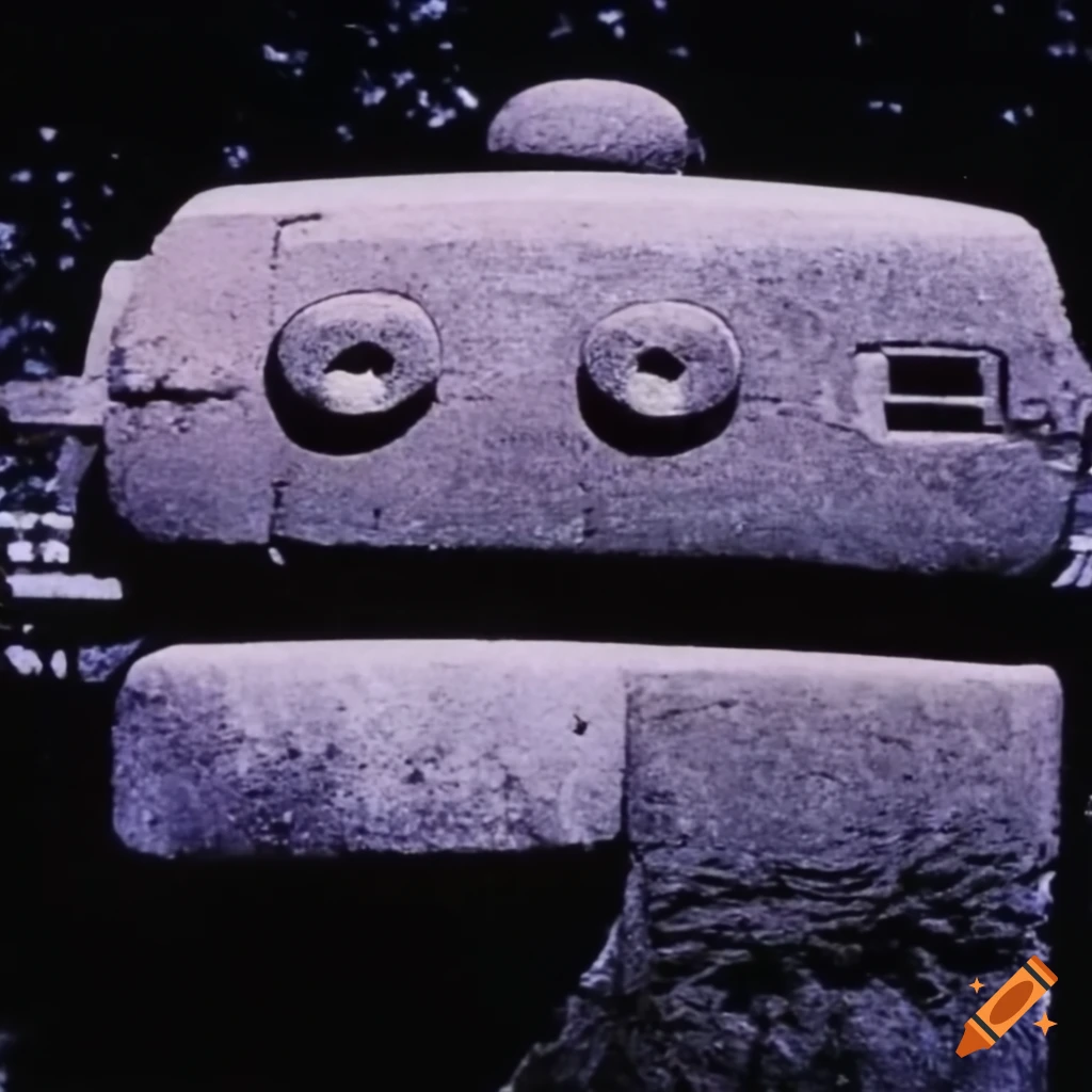 Archival footage from 'Arthur C. Clarke's Mysterious World' showing ancient stone robot megaliths