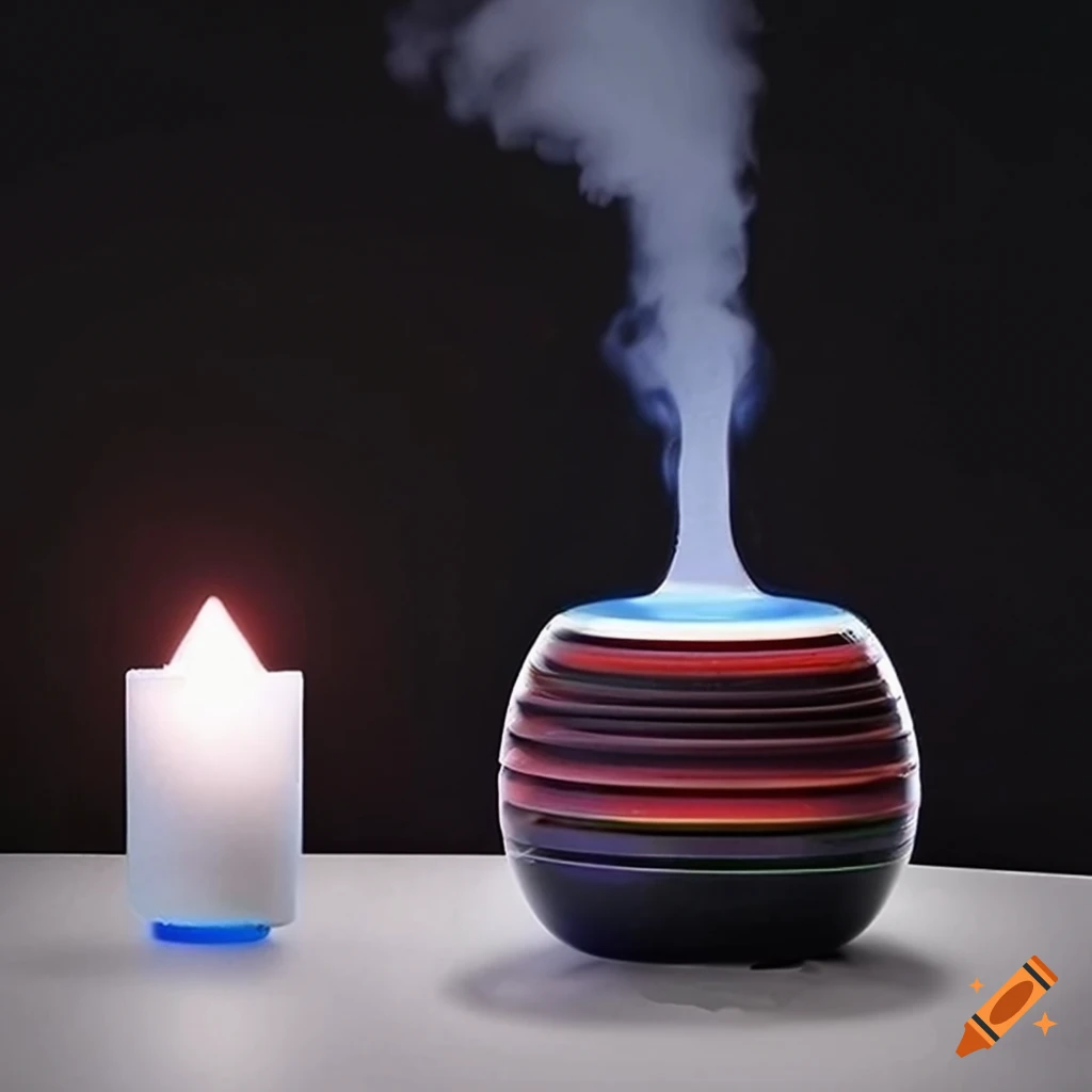 Close-up photo of air humidifier and aroma diffuser with lighting and salt flame effect