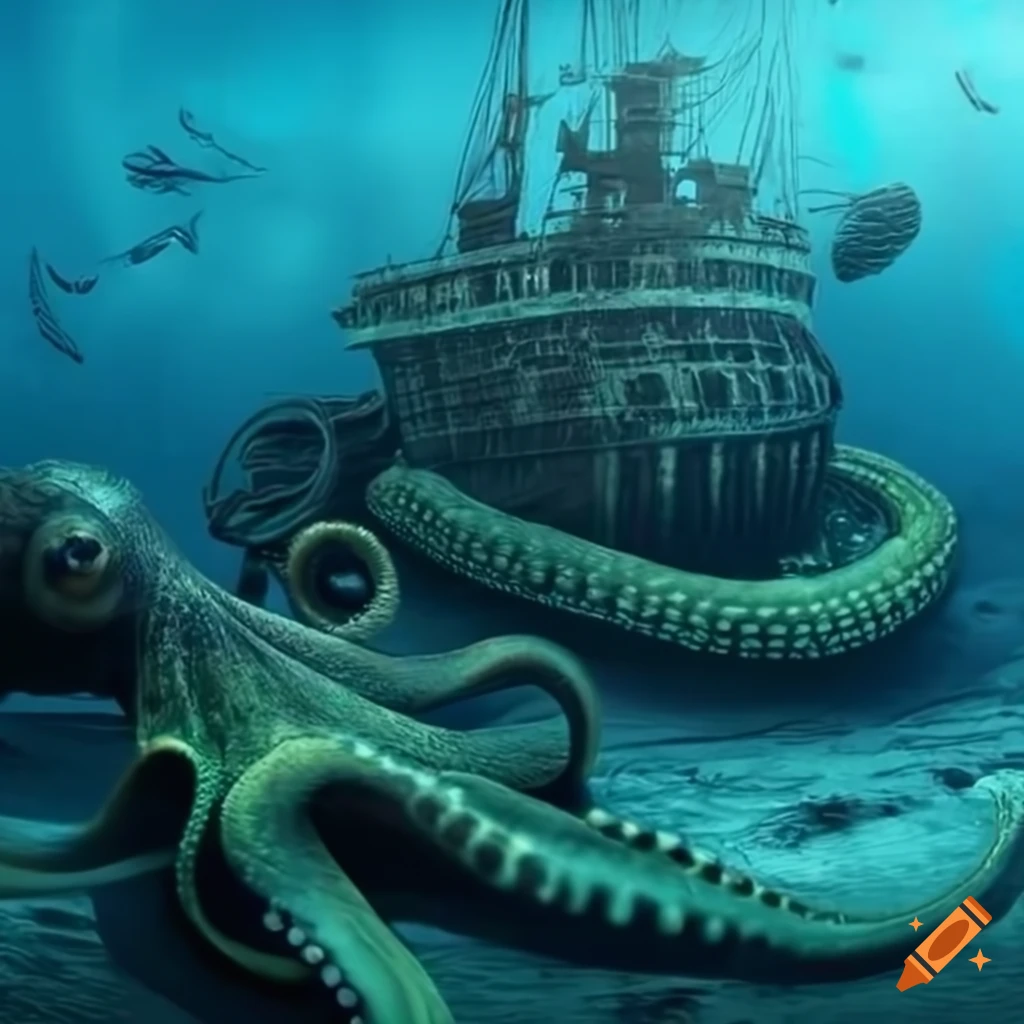 Giant octopus wraps around sunken ship in deep sea with 3d effect on ...