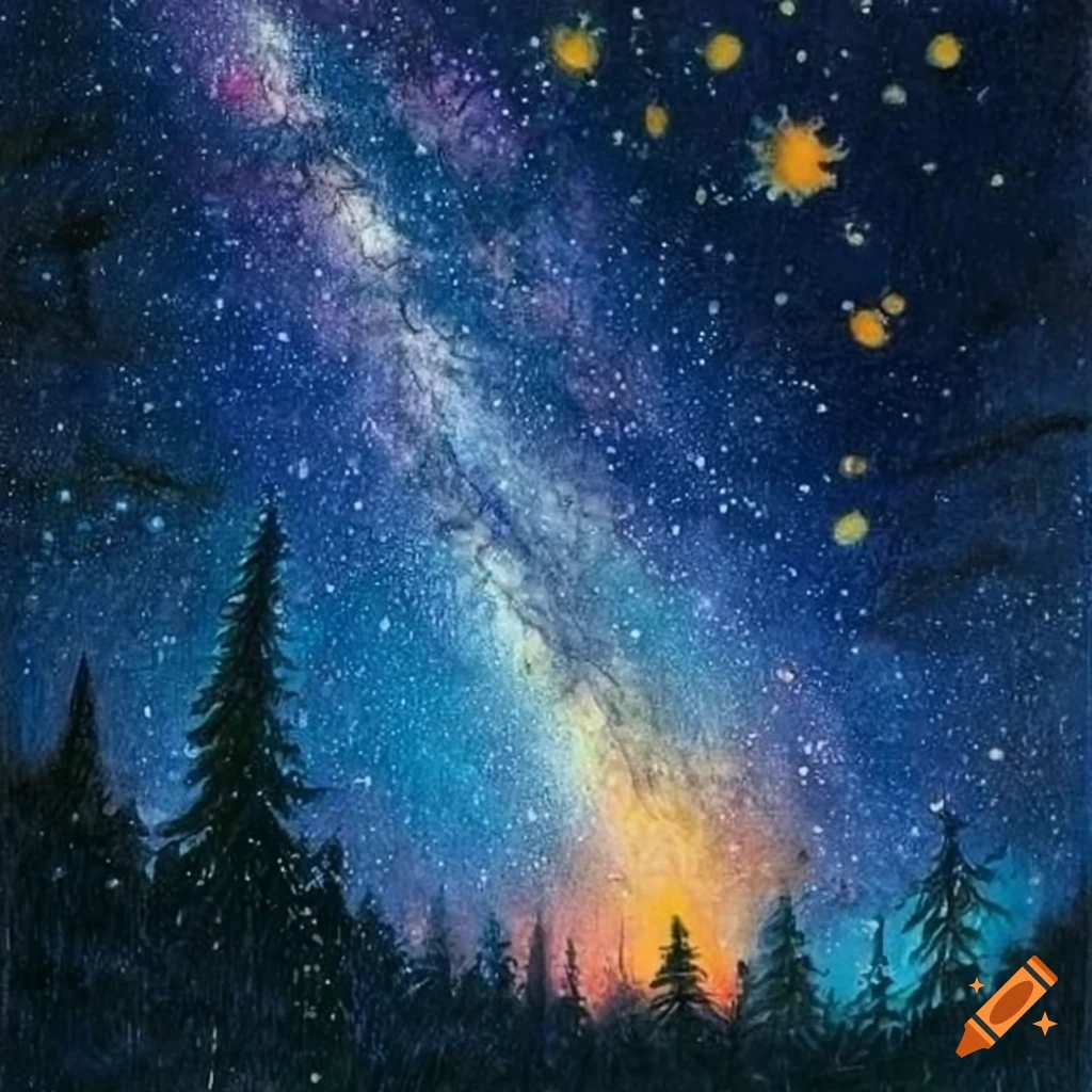 Siberian art landscape with cosmos and animals in colored pencil style