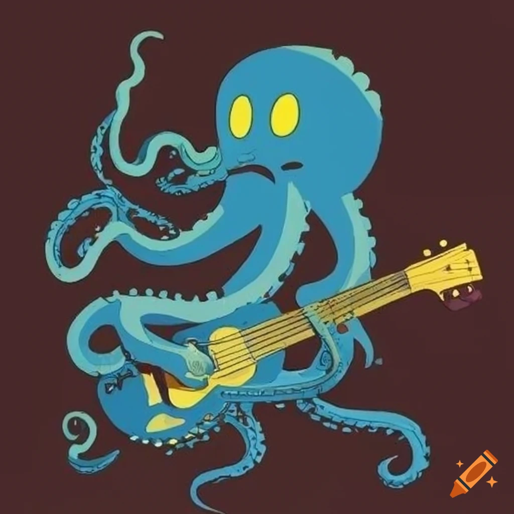 Octopus playing a guitar in a fallout style graphic on craiyon