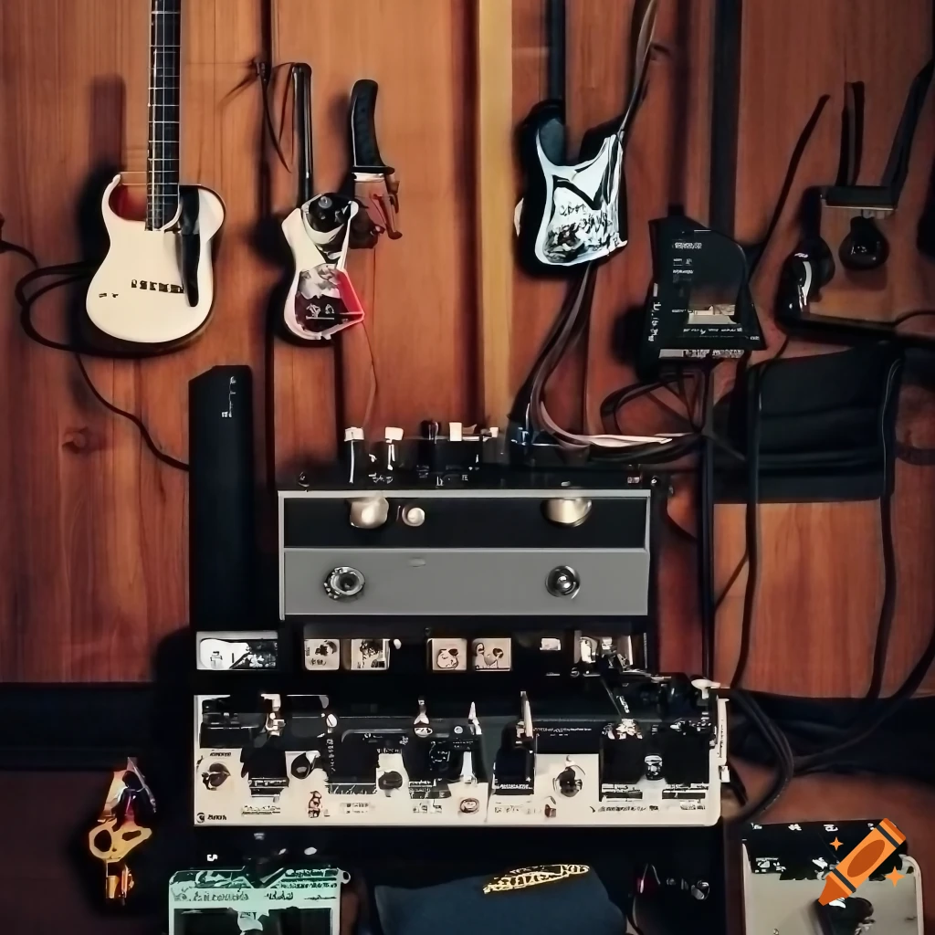 Guitars, amps, and pedalboard setup in a living room on Craiyon