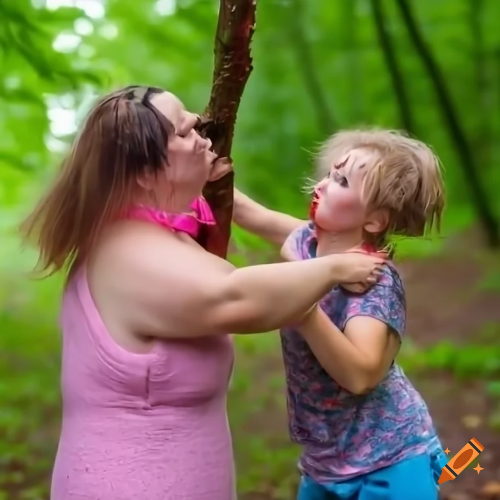 Playful fight on a rainy forest trail between a big woman and a small girl