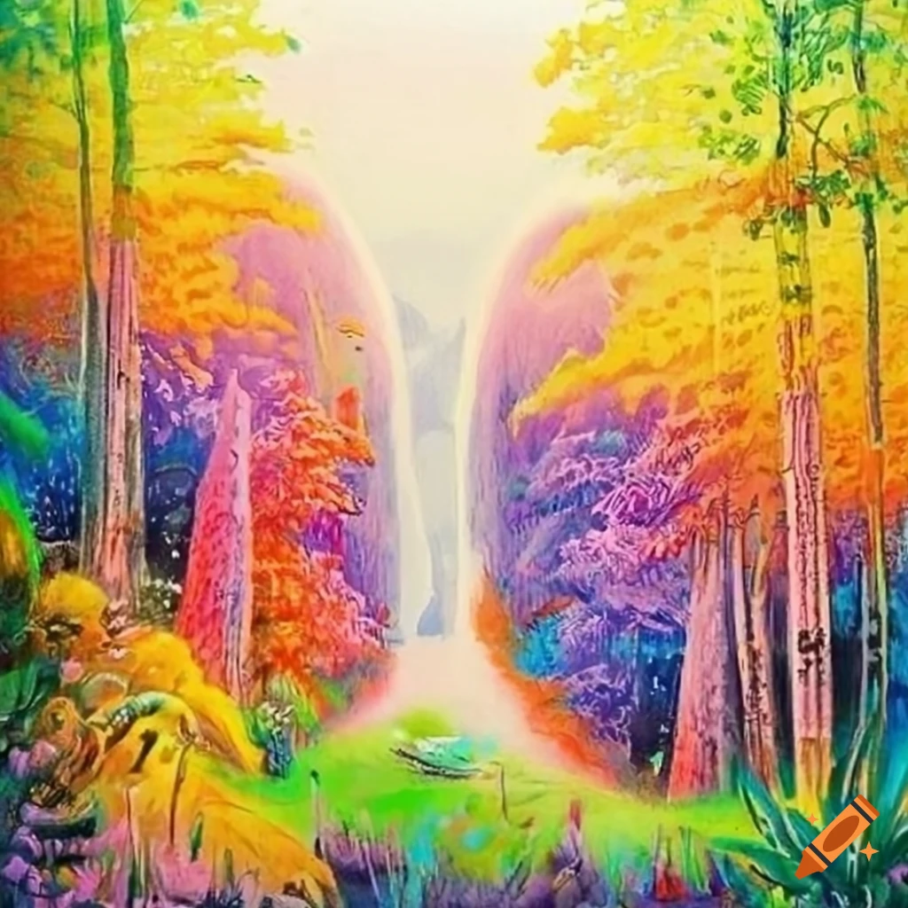 Siberian art landscape with cosmos and animals in colored pencil style