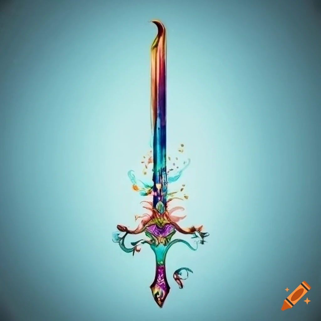 Intricate floral-designed sleek sword in watercolor