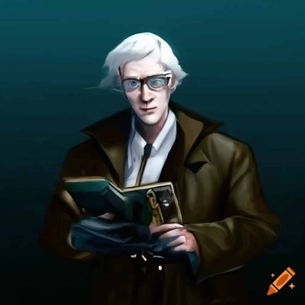 Scholarly alchemist with white hair and glasses