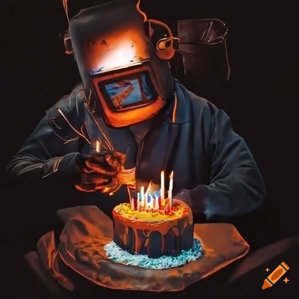Welder creating a unique birthday cake with sparks flying on Craiyon, image size:1024x1024