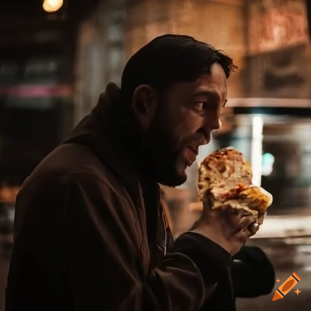 Man enjoying kebab stand on a rainy day lost in thought