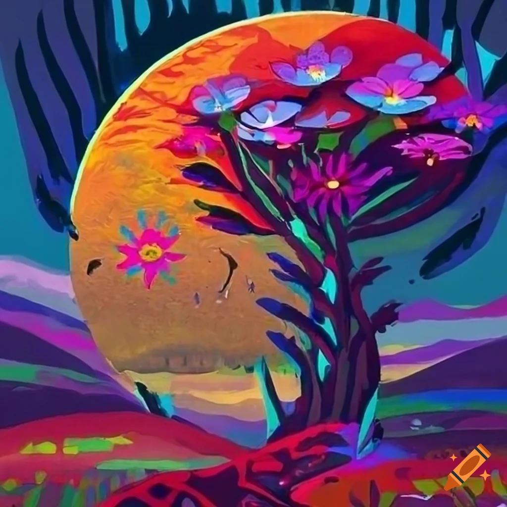 Abstract primitive art landscape cosmos animals