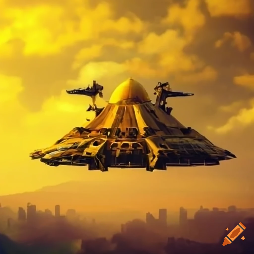 Yellow huge spaceship hovering over medieval castle