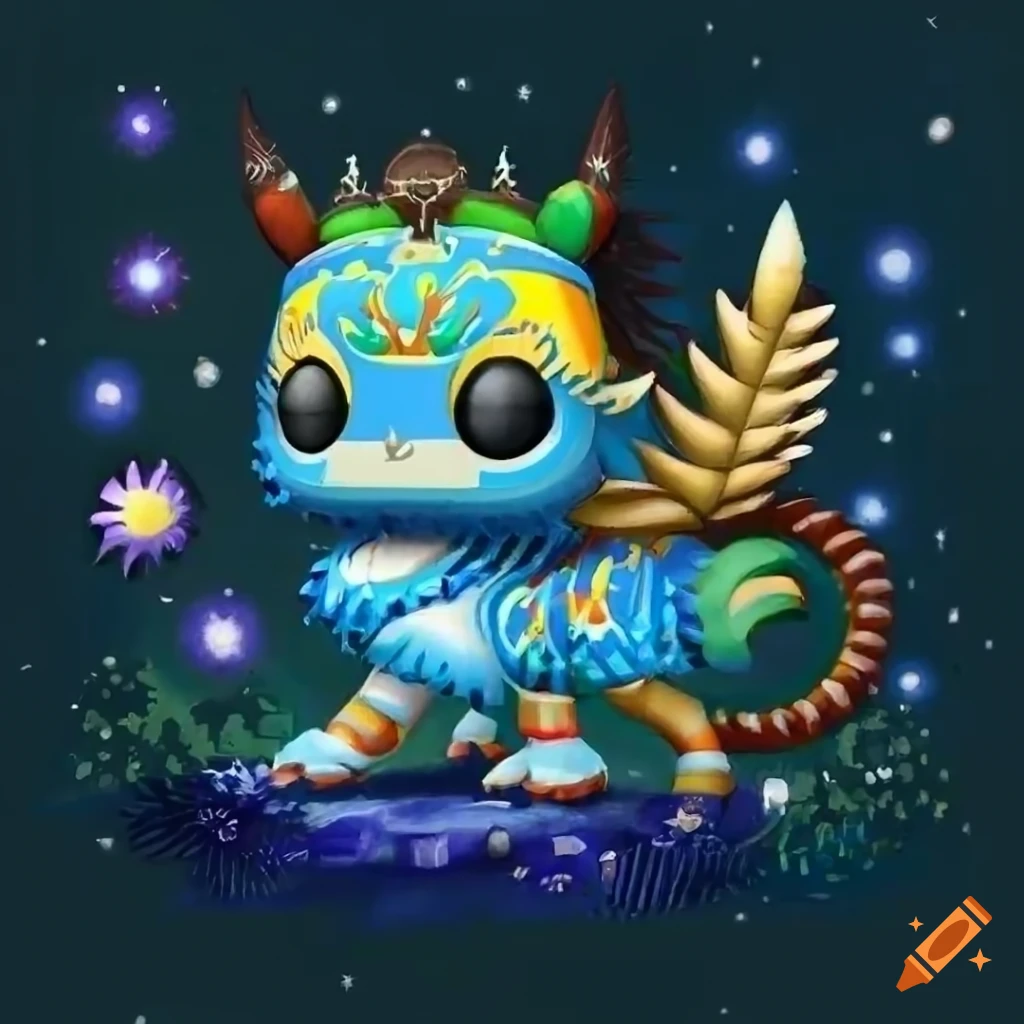 Tribal ancient art landscape cosmos with animals in Funko Pop style
