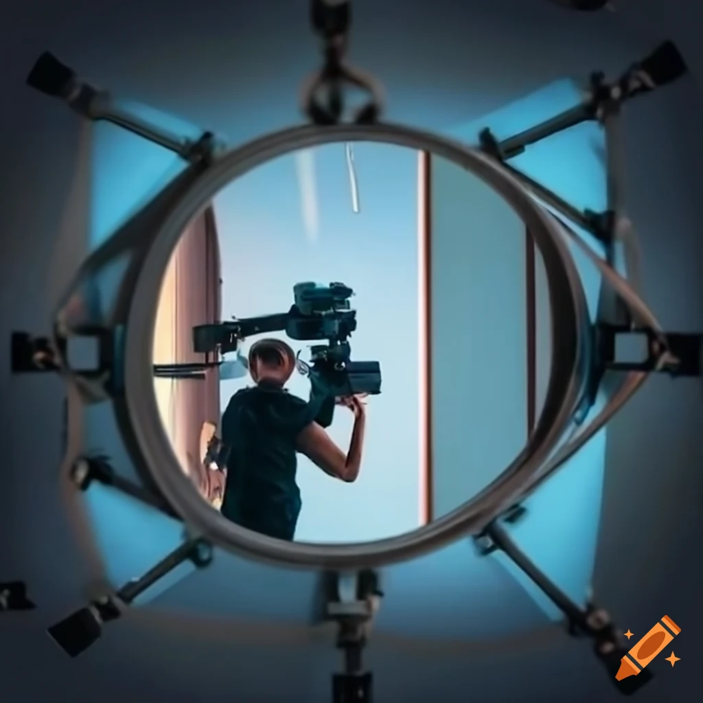 Mirror reflecting a camera crew filming behind it