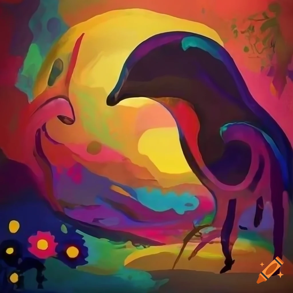 Abstract primitive art landscape with cosmos animals